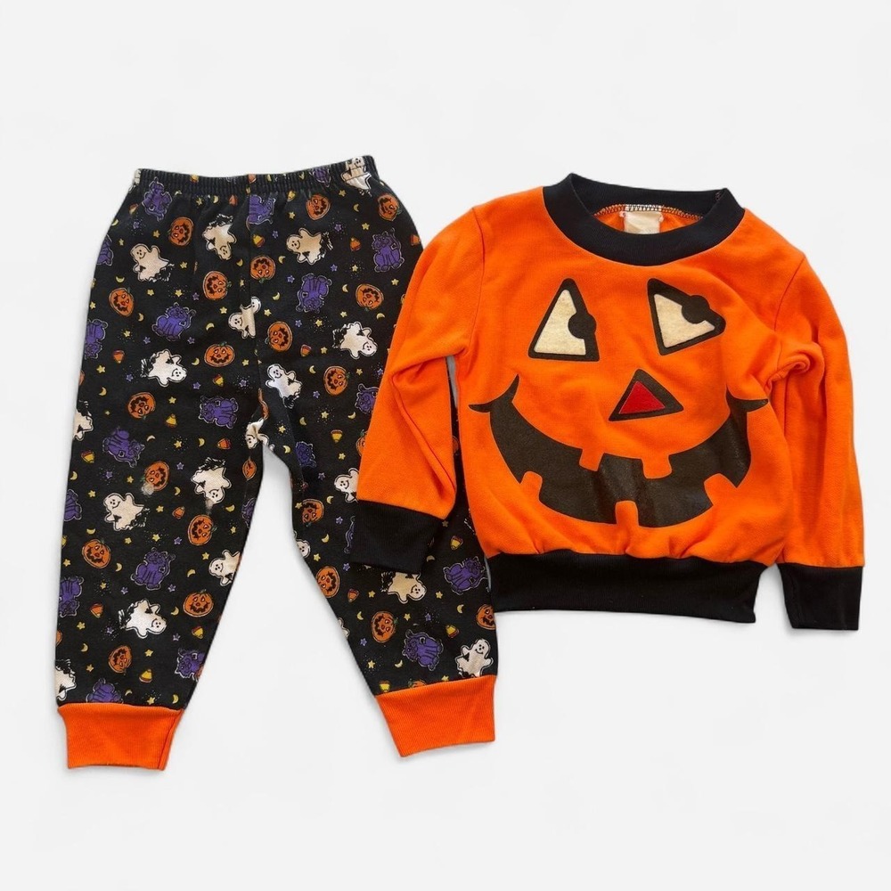 Vintage 90s Kids Halloween Jack-O-Lantern Sweatshirt and Pants Set 2T